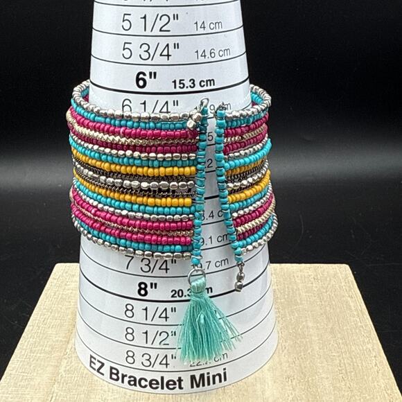 Handmade Bracelet 6.5" Adjustable Aqua Red Yellow Seed Bead Woven Boho Wide Cuff - Picture 5 of 5